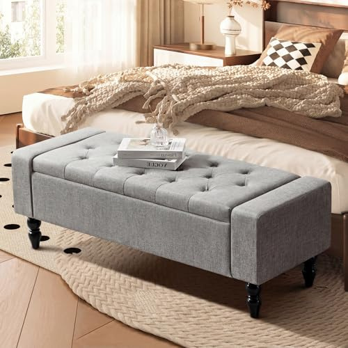 Hellove Sitzbank mit Stauraum mit Holzbeinen, Leinen Truhenbank mit Stauraum, Bettbank Aufbewahrungsbox 120x45x43cm, Fußbank Polsterhocker Platzsparende für Wohnzimmer Schlafzimmer Flur,Bis135kg,Grau