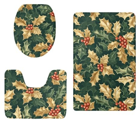 Badezimmerteppich Set 3 Teilig Gelbes Blatt Weihnachten WC Teppich Schnell Trocknend Badvorleger rutschfest Badgarnitur 3 Teilig Stand WC Waschbar Bad Teppiche Set Dekoration 50x80 cm