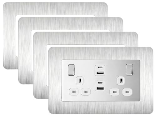 4PCS Double Light Switch Cover Plates Silver,Light Switch Surrounds | Double Socket Surround (14.6cm x 8.6cm),Finger Plates for Switches,Switch Sticker Cover,WallFor Home Wall Switch Decoration