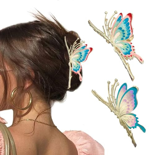 Schmetterling Haarklammern Große, 2 Stück Schmetterling Haarspangen Gold, Große Haarklammern aus Metall, Hair Claw Clip Metall, Haarspangen Damen, Haarschmuck für Mädchen und Frauen