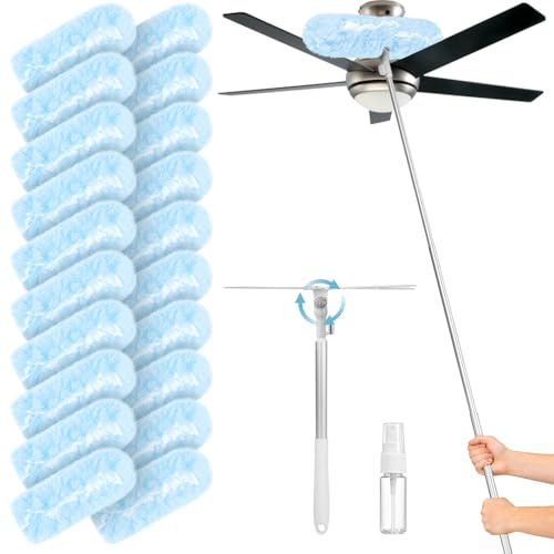 Nicemiya 180cm Teleskopgriff + 20 Tücher für Swiffer Nachfüllpack Set(Blau) | Effektiv Gegen Staub & Tierhaare| 180cm Ausziehbar–mühelos bis zur Decke| Doppelkopf - Design| 360° Schwenkbarer Kopf