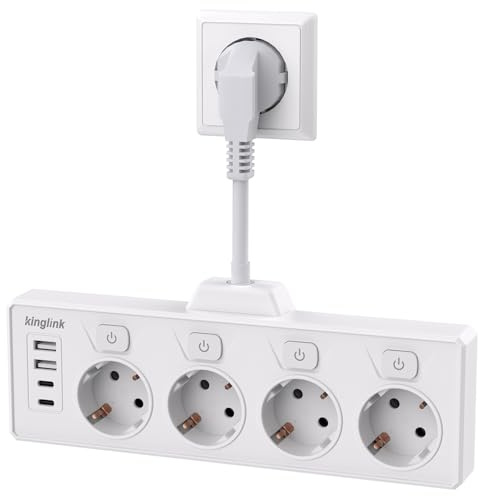 kinglink Ladron Enchufes Plano con USB C, 8 en 1 Ladrón Enchufes Multiples USB, 4 Cargador Multiple Regleta Pared para Oficina, Cocina, Compatible con Móviles, Blanco