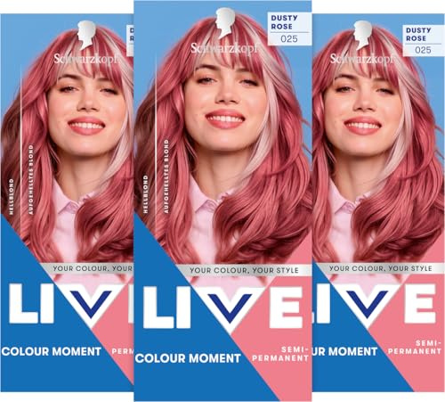 Schwarzkopf LIVE Colour Moment Semi-Permanente Haarfarbe 025 Dusty Rose (3x 142,5 ml), Coloration für intensive oder pastellige Farbergebnisse für bis zu 15 Haarwäschen, mit Pflege-Conditioner