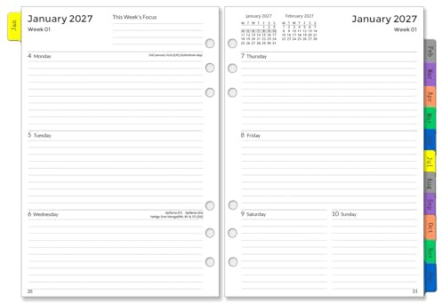 YHH 2027 Diary Refill A5 Size 6 Holes, Weekly & Monthly Planner Inserts, Week on 2 Pages with Tabs, Password, Notes & Contact, Jan-Dec 2027 Annual Calendar, Compatible with Filofax A5 Organiser