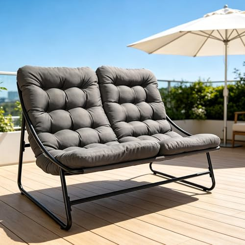 SANEIOUI Gartenliege 2 Personen Metall, Doppelliege Outdoor 2 Personen mit Dicker Abnehmbares Gepolsterter, Belastbarkeit bis 225kg, Relaxliege für Garten, Wohnzimmer, Terrasse (grau)