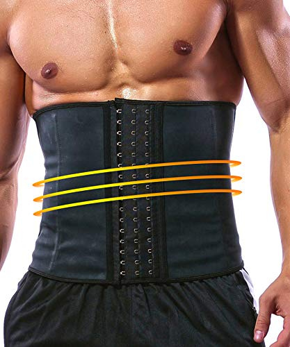 GainKee 100% Latex Herren Taillentrainer Korsett mit Stahlknochen Schweißgürtel Saunaanzug für Fitness Body Shaper, Schwarz, M