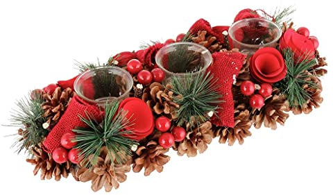 Red Winter Rose Christmas Glass Triple Tea Light Candle Holder Jar Winter Table Centrepiece Decoration - L39cm