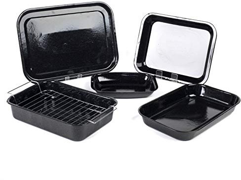 Russell Hobbs COMBO-3162 Romano Vitreous Enamel Roaster, Rack, Baking Tray Sheet and Chop Tray Set, 6 Piece Cookware Set, Durable Carbon Steel, Oven Safe Up to 230°C/Gas Mark 8
