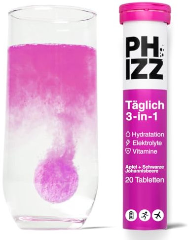 Electrolytes Phizz, Multivitamines & Comprimés d'hydratation - 20 comprimés de réhydratation effervescents - 18 vitamines et minéraux, vitamine C, végane, végétarien et hypocalorique (pomme & cassis)