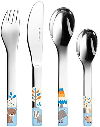 Sterngraf Kinderbesteck Friends MIT Gravur (z.B. Namen) 4tlg. von Puresigns inkl. Namensgravur auf der Rückseite, Waldtiere Tiere Taufgeschenke für Mädchen & Jungen Geschenk zur Taufe