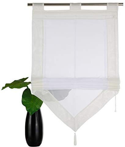 SIMPVALE 1 Stück Raffrollo Vorhang mit Quastendekoration, Höhenverstellbar Transparenter Voile Vorhänge, Modern Gardinen für Schlafzimmer Badezimmer Küche, Beige, 45x140cm