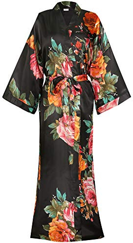 goodmansam Lång blommig satin kimono morgonrock brud morgonrock bröllop brudtärna nattlinne, Svart, XL-XXL