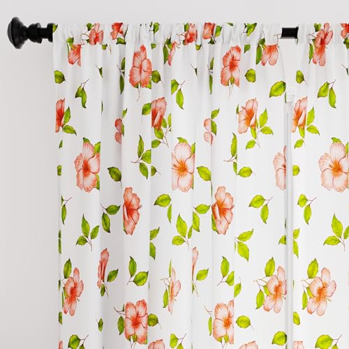 Encasa XO Polyester halbtransparent Gedruckt 140 cm W x 137 cm L Vorhänge mit Krawattenrücken 140x137 cm (4.5 ft), Hibiskus - 2 Packung - Nicht schrumpfen & maschinenwaschbar