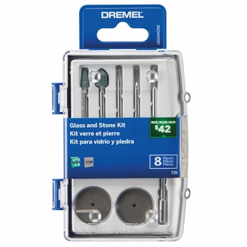 Dremel 735-01 Glasätz-Drehwerkzeug-Zubehör-Set – 8-teiliges Set – inklusive Schleifsteinen, Polierscheibe und Diamantbohrer, blau
