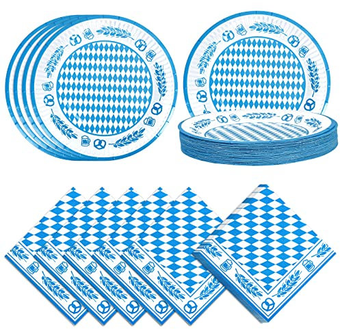 Fennoral 80 Stück Oktoberfest-Tischdeko Set Bayern Papierservietten Teller Bayernraute Motiv Pappteller blau weiß für Oktoberfestparty Grillparty