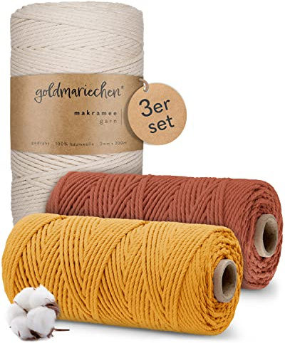 goldmariechen - Makramee Garn 3er Set 3mm (Naturell 200m, Terracotta 100m, Safran 100m) 100% Baumwolle Makrameegarn für DIY wie Halskette, Armband, Schlüsselanhänger, Lampenschirm zum selber Machen