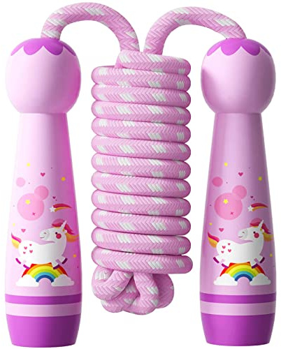 JunD Barn, hopprep, 2,5 m trä justerbart handtag halkfritt, färgat bomullsrep, hopprep för pojkar, flickor, fitness, träning, utomhusaktiviteter (enhörning)