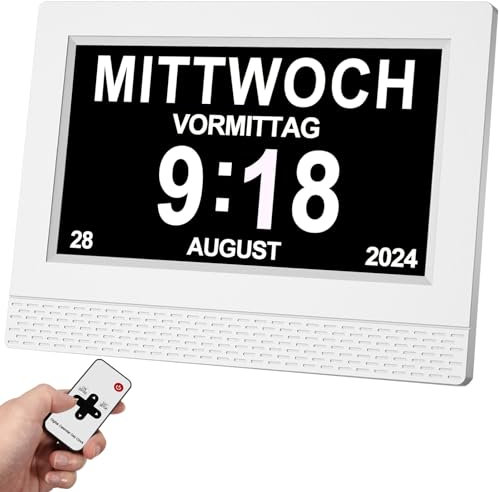 SINOIDEAS Digitaler Wecker, Digitaler Kalender, Demenzuhr für Senioren mit Benutzerdefinierten Erinnerungen (Weiß, 7 Zoll)