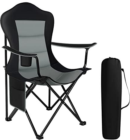WOLTU Campingstuhl Faltbar, Leichter Angelstuhl mit Armlehnen, Becherhalter und Seitentasche, Für Outdoor Camping Angeln Garten, Schwarz+Dunkelgrau