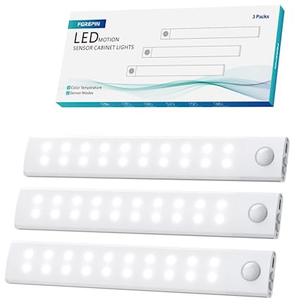 Forepin Under Cabinet Kitchen Lights, 3 Pack 40 LED Motion Sensor Cupboard Lights with Magnetic Strip, 20cm USB Rechargeable 3 Color Temperature Dimmable Night Lights for Closet Stairs Wardrobe