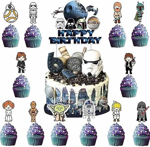 S-tar Wars Cake Toppers,25PCS Y-oda Cupcake Toppers Minnie Cake Toppers Happy Birthday Cake Decoration Cartoons Birthday Cake Decoration Themed Party Decorations for Baby Shower, Kids Birthday Party S