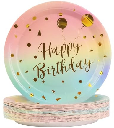 Paquete de 50 platos de papel, redondos degradados de 7 pulgadas y lámina metálica dorada para feliz cumpleaños, suministros de fiesta para Navidad, cumpleaños, bodas, vacaciones, despedidas de