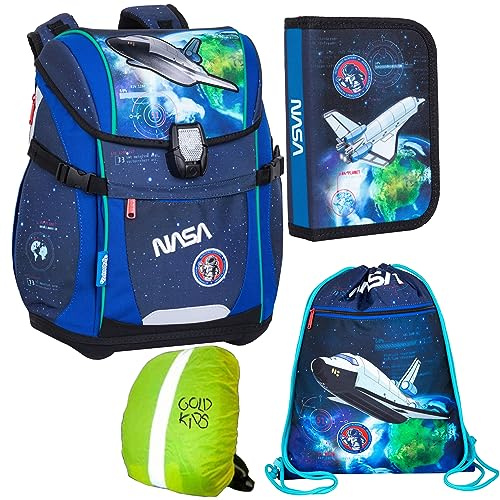 Goldkids Schulranzen Schulranzen-set NASA USA Weltraum Ranzen Kinderrucksack, Federmappe, Schuhbeutel, Regenschutz Motivdruck Flugzeug 4-teilig