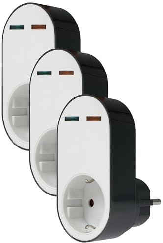 as - Schwabe Profi-Überspannungsschutz-Adapter Flash, Steckdose mit Schutz vor Überspannung, 230 V, Weiß/Schwarz, 18611 (Packung mit 3)