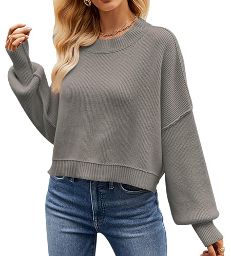 Jersey Punto Mujer Corto Jerséis Mujer Pullover Señora Sueter Mujer Manga Larga Sweater Women Jersey de Punto Fino Ancho Basico para Mujer Tallas Grandes Sueters Suéter Suéteres de Mujer Gris L