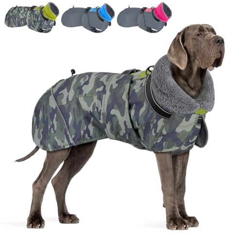 Eyein Hundemantel Winter für Große Hunde, Wasserdicht Hundejacke mit warmem Fleecefutter und Halsband, Winddichter Wintermantel Hund mit Bauchschutz und Verstellbarem Brustriemen, Grün, XXXL