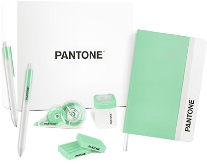 PANTONE™ Pastel Gift Box - Schulsachen mit 2 Schwarzen Kugelschreiber Stiftspitze 0,7 mm, 1 Notizbuch, Radiergummi 2 Stück, 1 Spitzer mit Dose und 1 Korrekturroller 10 Meter, Aesthetic School Stuff