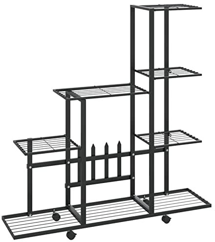 Gecheer Blumenständer mit Rollen Blumentreppe Pflanzenständer Blumenregal Pflanzentreppe Pflanzregal Blumenbank 94,5x25x92,5 cm Schwarz Metall