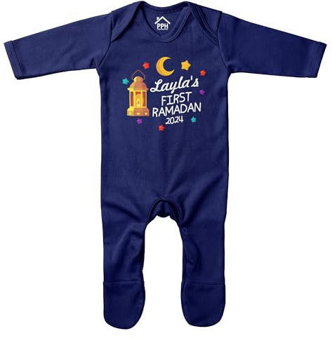 Purple Print House Custom First Ramadan Romper Suit Baby Boys Girls Personalised Lantern Sleepsuit Stars Crescent Moon, 3-6 Months, Navy