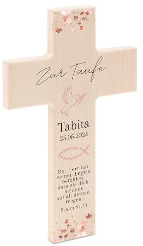 Bärenfreunde - Personalisiertes Taufkreuz mit hochwertigem Spezial-Druck aus massivem Buchenholz - Taufe Geschenk - Holzkreuz Taufe (Blumen Taufpsalm)