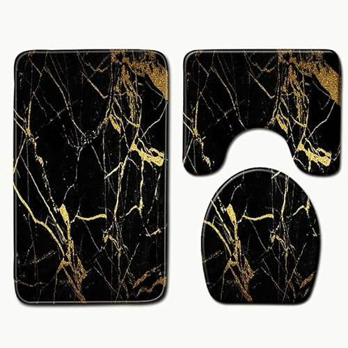 Bad Teppiche Set 3-Teiliges Gold Schwarzer Marmor WC Vorleger Mit Ausschnitt Badematte Saugfähig WC Deckelbezug Badvorleger rutschfest Waschbar Toilettensitzbezug Badgarnitur (45x75cm)