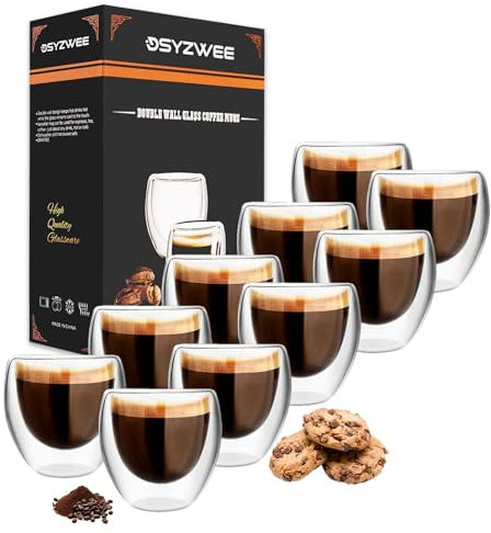 DSYZWEE Double Wall Borosilicate Glass Espresso Cups, Espresso Cup Set (10 x 80ml), Latte Glass Caffee Cups, Handcrafted Artisan - Strong, Borosilicate Heat Resistant