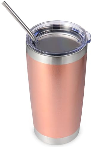 Volhoply 600ml（20oz） Thermobecher mit Deckel und Strohhalm,Doppelwandiger isolierter Reise-Eiskaffeebecher Passend für Tassenhalter,Pulverbeschichtete Becher für heiße und kalte Getränke,(Roségold,1)