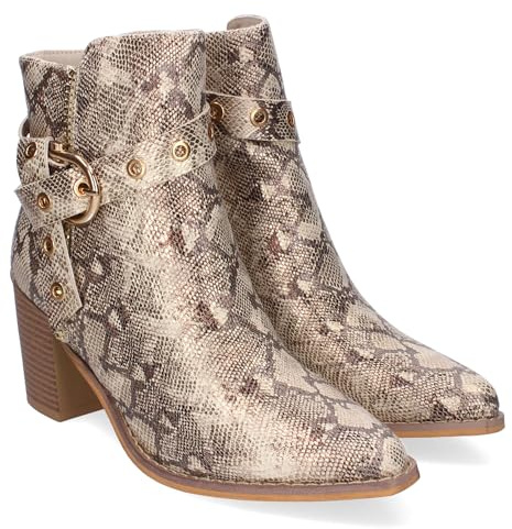 shoes&blues.es 86079 Botines de Tacon para Mujer, Comodos y Elegantes con Hebilla Decorativa y Cierre de Cremallera Lateral y Puntera Fina. Serpiente Talla 39