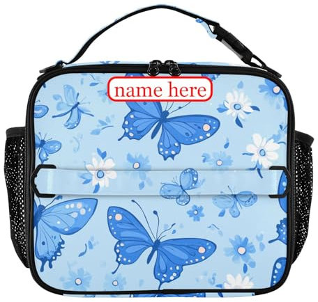 tplaotee Lonchera personalizada con flores de mariposa azul para adultos, resistente al agua, para mujer, mantiene la comida caliente, bolsa de almuerzo para escuela, oficina, camping, picnic,