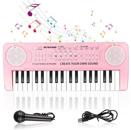 Electronic Keyboard Piano 61 Keys with LED Light, Shayson Portable Digital Pianos Music Keyboard with Microphone, Sheet Music Stand, Piano Note Stickers, Best Gift for Kids Beginners（Pink）