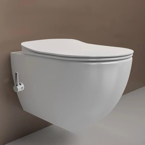 Komplettset Wand-WC,WC mit Taharet Bidet und Armatur,Spülrandlos,WC Sitz mit Absenkautomatik, Vorwandelement(6L/3L),Kalt & Warmwasser,Betätigungsplatte (mit Bidet + Armatur Warm- & Kaltwasser)