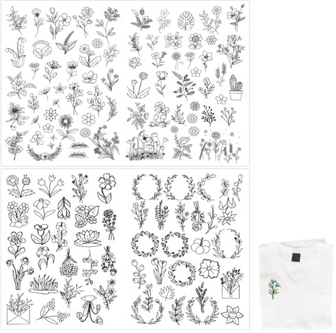 Stickmuster zum Aufkleben und Sticken – 122 florale Designs auf 2 wasserlöslichen Transferbögen, 21,1 x 29,7 cm, selbstklebende Vorlagen für Handstickerei auf Kleidung, Accessoires und Stoff – einfach