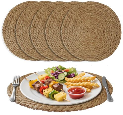 NAKIHOUSE Tischsets Abwaschbar, Handgefertigte Boho Platzset aus Natürliche Seegras, Hitzebeständig und rutschfest 6er Set Runde Platzdeckchen Abwaschbar für Esstisch, Küche