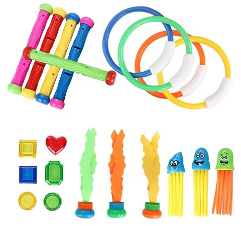 OFFIGAM 21 Stücke Tauchspielzeug für Kinder Tauchstäbe Tauchringe Satz Schwimmtauchring aus Kunststoff Spielzeug für Schwimmbad Unterwasserabenteuer Buntes Design für Anfänger