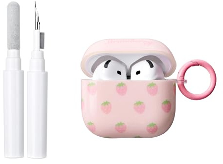 Reownest Compatible with Airpods 4th Generation (2024) Case with Cleaner Kit,Cute Sweet Strawberry Pattern Aesthetic Soft TPU Shockproof Keychain Headphone Cover for Airpods 4 -Pink Strawberry