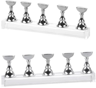 LALADEFIEE 2 Sets Magnetic Nail Bases with Bar for Nail Art Practice Electroplated Acrylic Chessboard Design Long Crystal Display Stands Silver Magnetic Holder for Beginners and Salon Artists