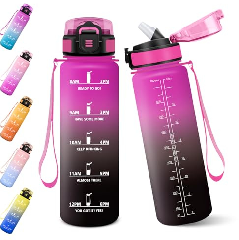 Baramumu Borraccia, 1000ML Senza BPA, Con Paglia, Borraccia Acqua, Bottiglia d'acqua Motivazionale con Indicatore del Tempo, Bottiglia con Cannuccia per Palestra - Porpora rossastra&Nero
