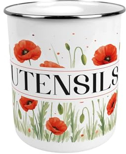 Purely Home Summer Poppies Large Metal Utensil Pot - Stylish Red Floral Tin Kitchen Utensil Holder/Organiser for Countertop - 15cm(h) x 14cm(dia.)