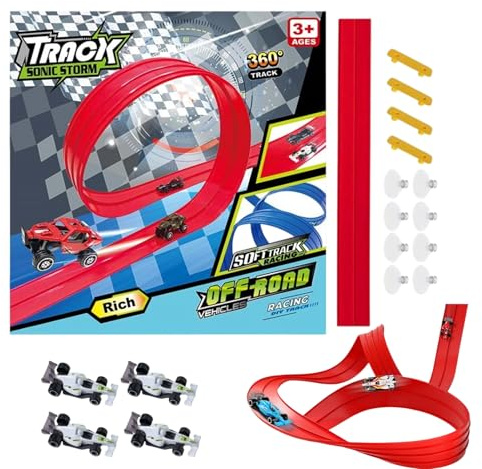 Racerbana barn 3+ bilbana racerbana bil leksak flexibel racerbana med 4 racerbilar av lättmetall 4 förbindelser 8 sugkoppar gör-det-själv motorväg 360° spår 2 racerbana ramper