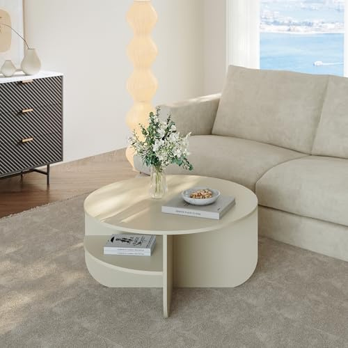 [en.casa] Couchtisch Reykhon Wohnzimmertisch Ø80 x 41 cm Sofatisch mit 2 Ablageflächen Kaffeetisch runde Tischplatte Sandfarben